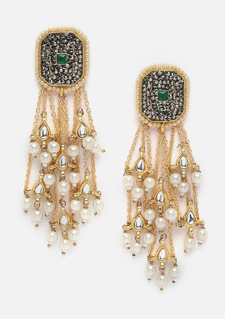 Black And Green Gold Plated Kundan Pearl Drop Earrings - Indya
