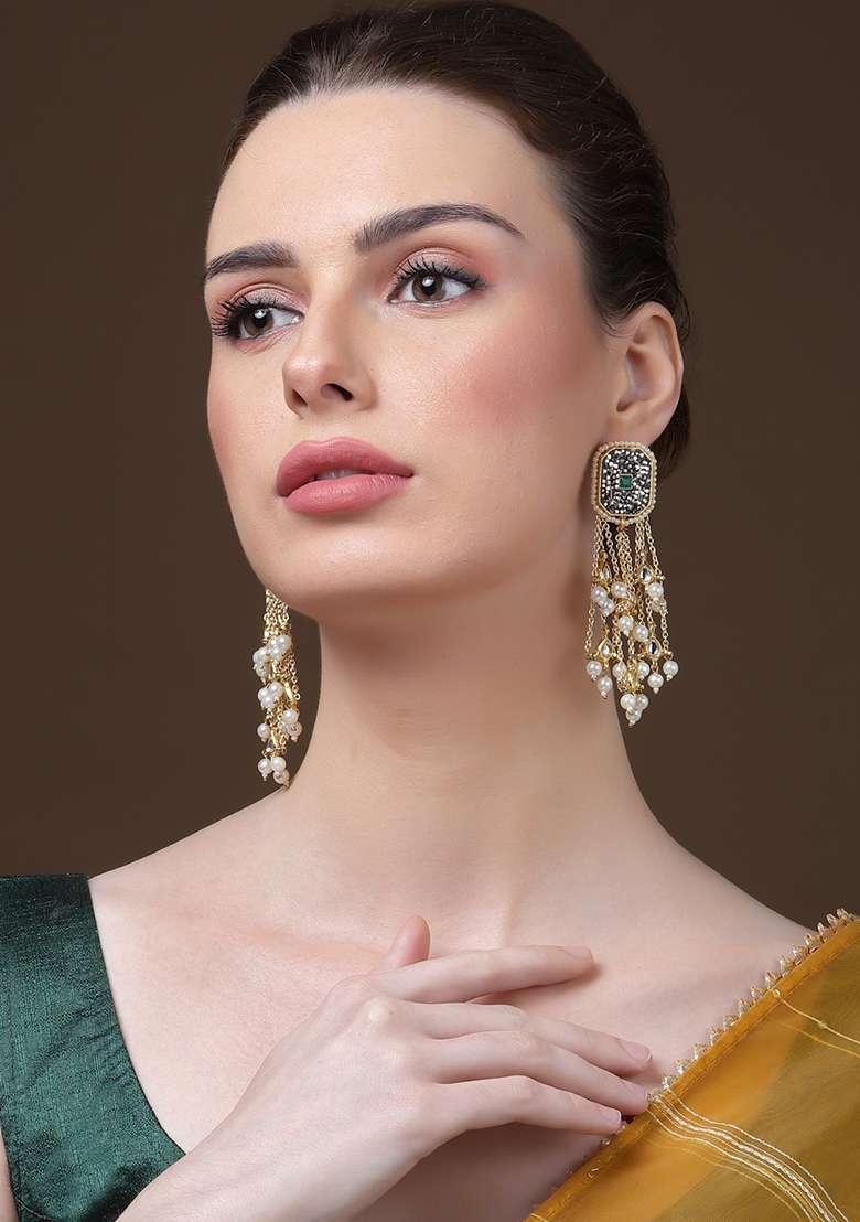 Black And Green Gold Plated Kundan Pearl Drop Earrings - Indya