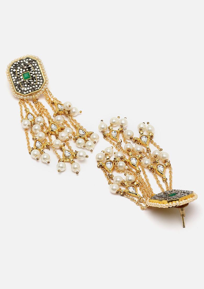 Black And Green Gold Plated Kundan Pearl Drop Earrings - Indya