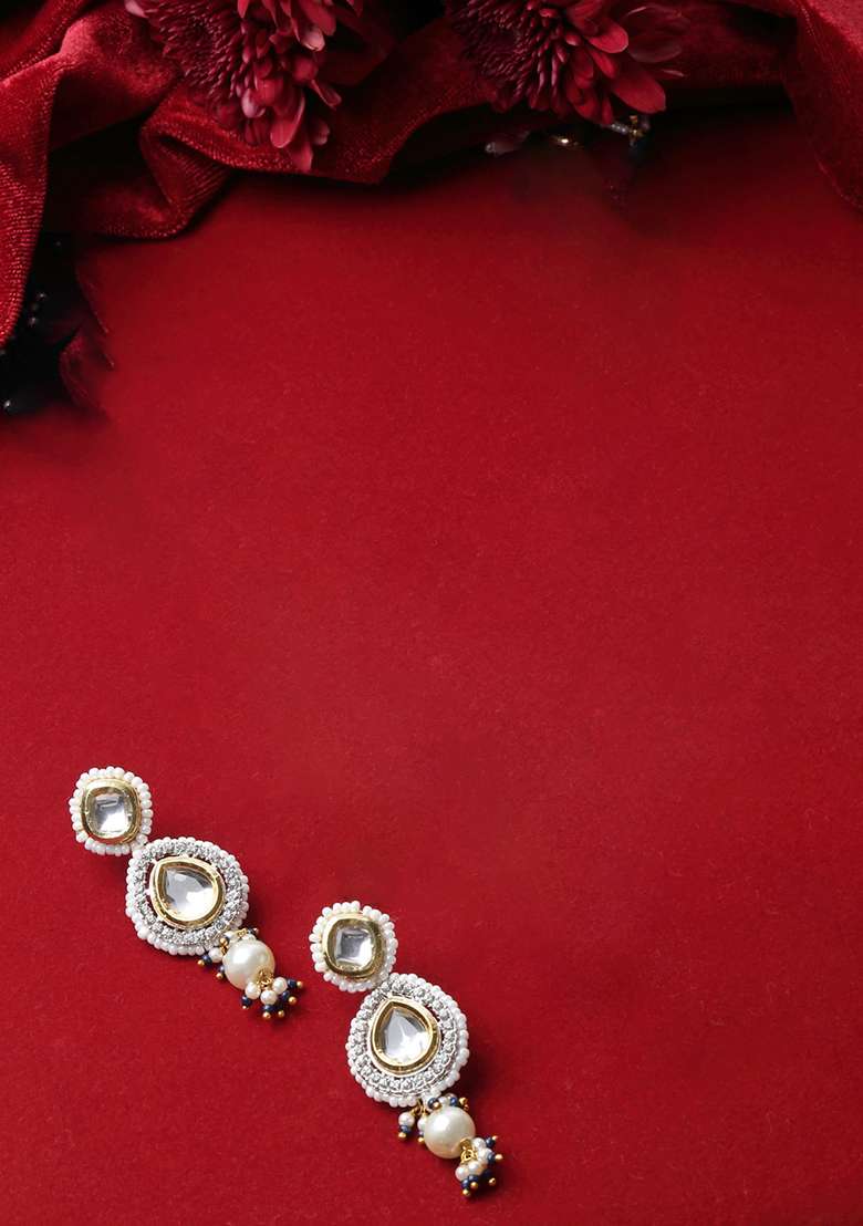 Silver And Blue Gold Plated Kundan American Diamond Drop Earrings - Indya