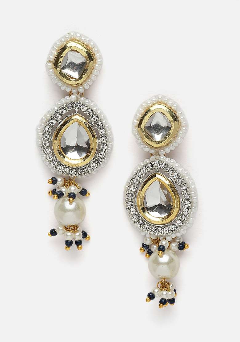 Silver And Blue Gold Plated Kundan American Diamond Drop Earrings - Indya