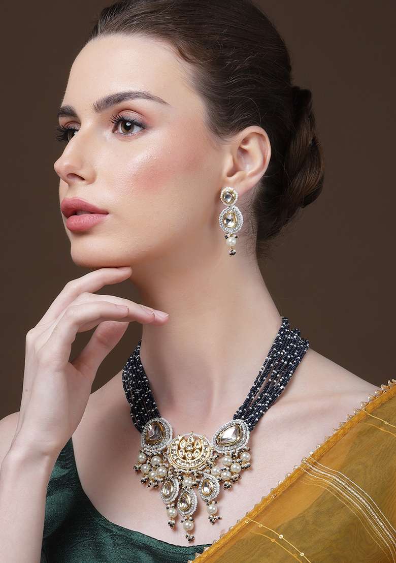 Silver And Blue Gold Plated Kundan American Diamond Drop Earrings - Indya