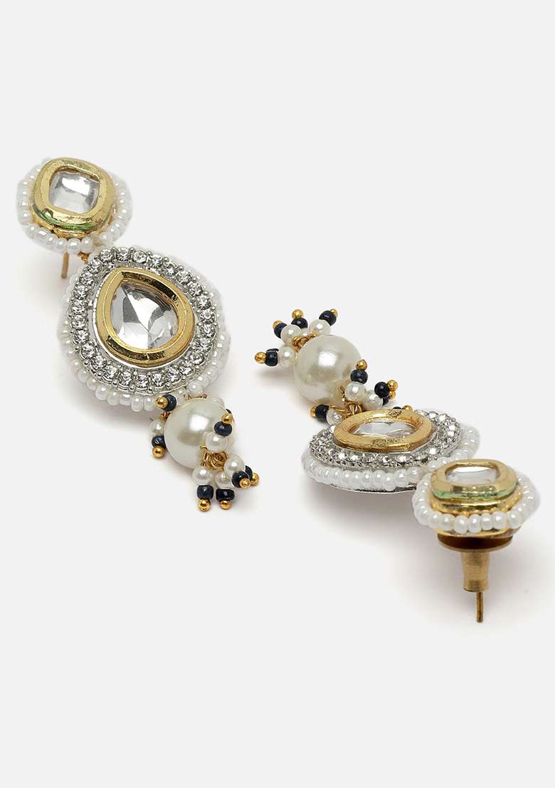 Silver And Blue Gold Plated Kundan American Diamond Drop Earrings - Indya