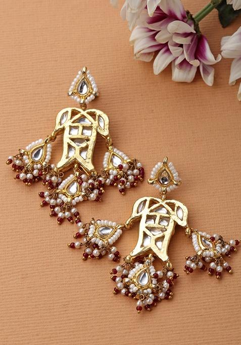 Red And Cream Gold Plated Kundan Pearl Drop Earrings