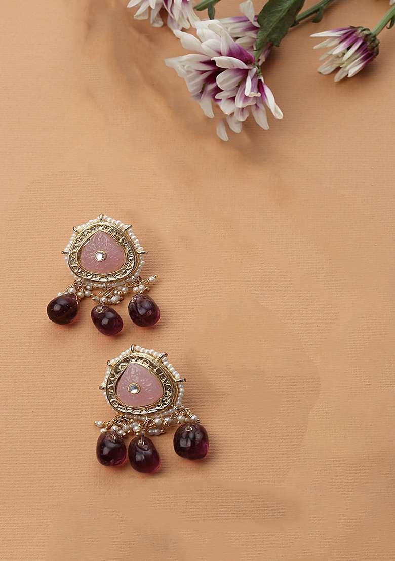 Pink And Purple Gold Plated Kundan Pearl Drop Earrings - Indya