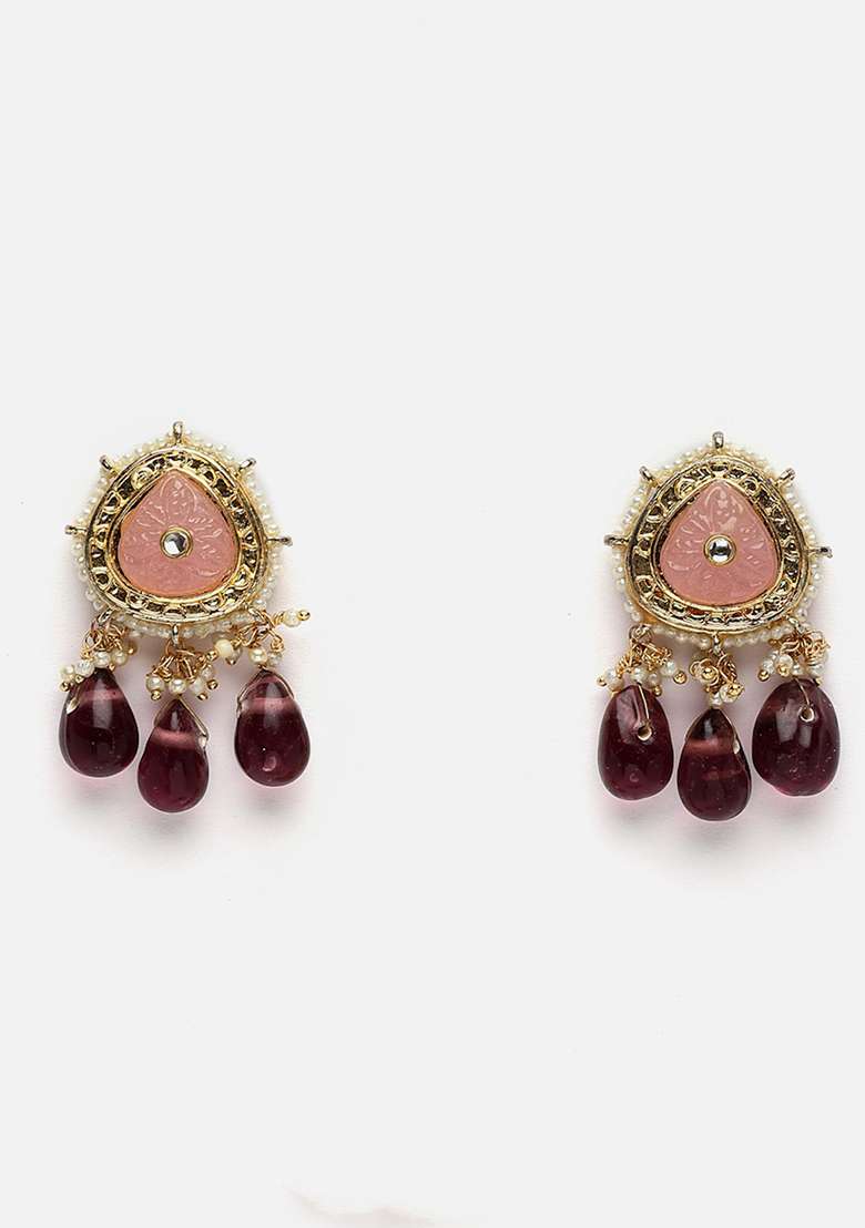 Pink And Purple Gold Plated Kundan Pearl Drop Earrings - Indya