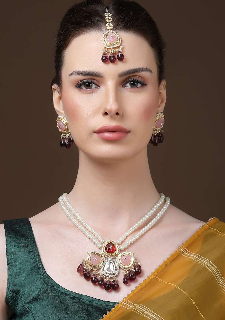 Pink And Purple Gold Plated Kundan Pearl Drop Earrings - Indya
