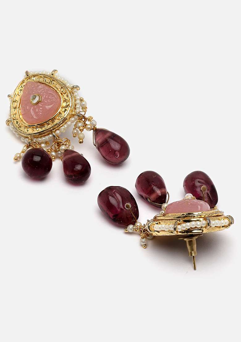 Pink And Purple Gold Plated Kundan Pearl Drop Earrings - Indya