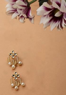 Yellow Gold Plated Kundan Pearl Drop Earrings