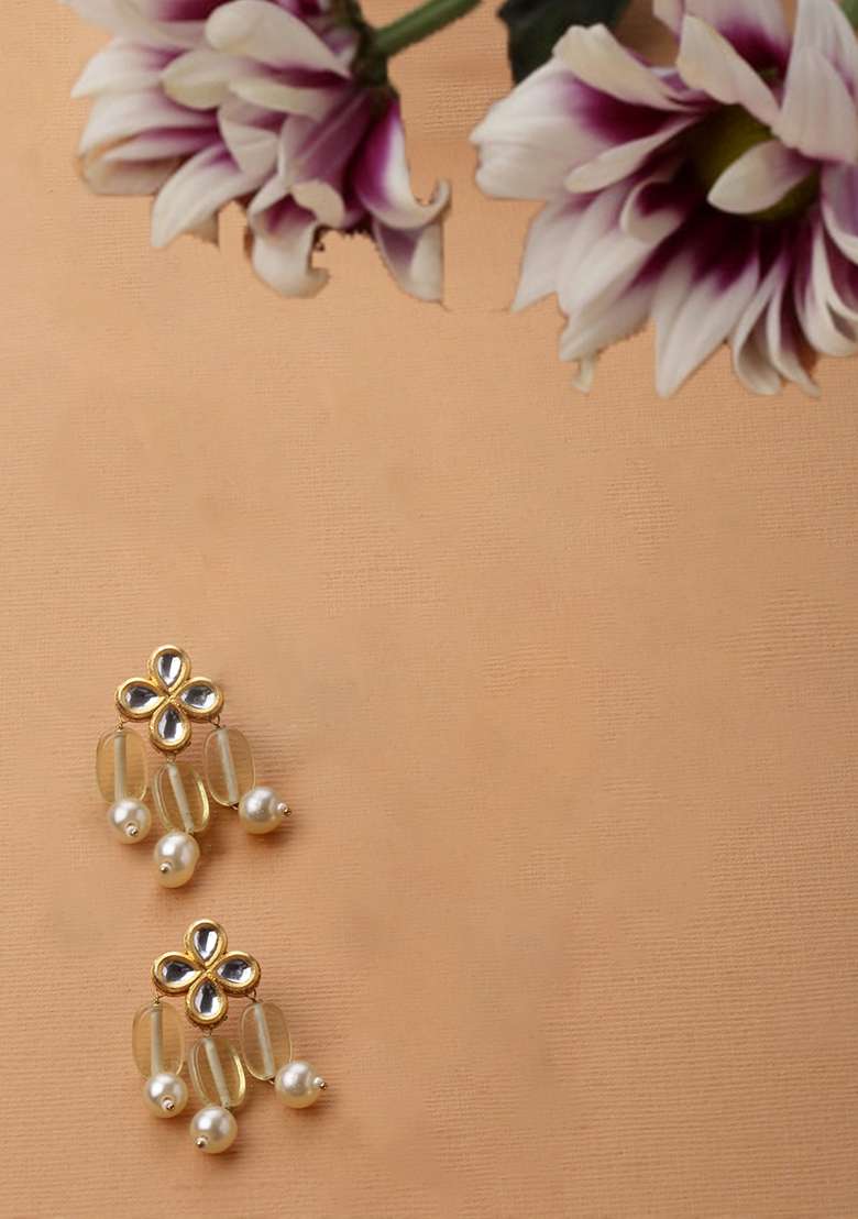 Yellow Gold Plated Kundan Pearl Drop Earrings - Indya