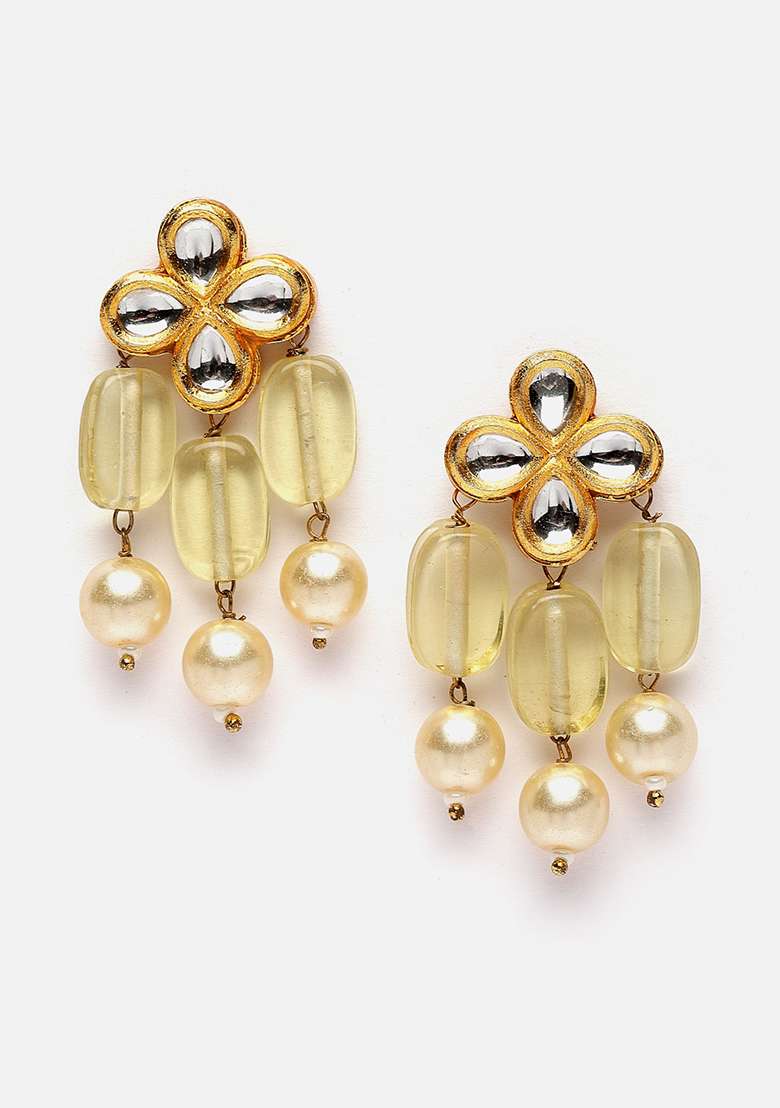 Yellow Gold Plated Kundan Pearl Drop Earrings - Indya