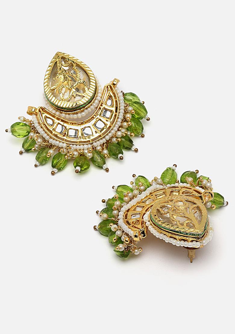 Green Gold Plated Kundan Pearl Drop Earrings - Indya