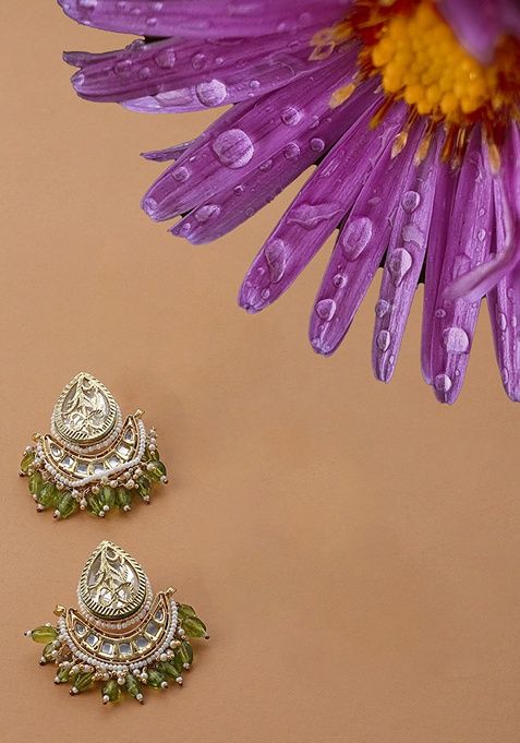 Green Gold Plated Kundan Pearl Drop Earrings