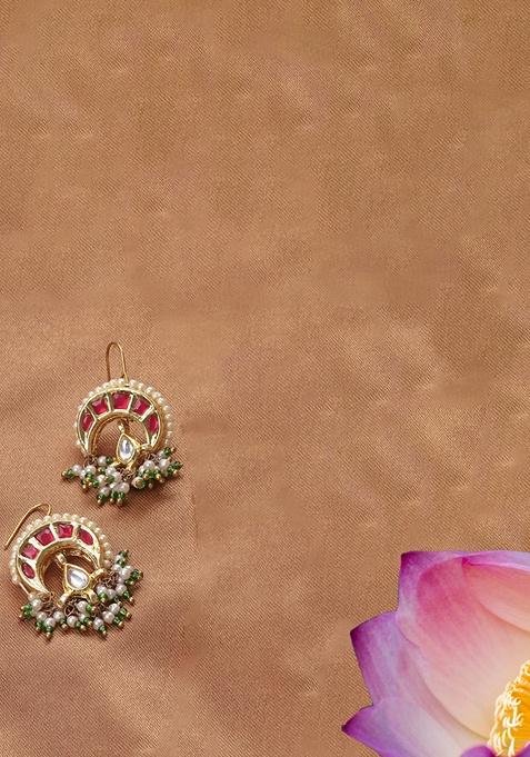 Red Gold Plated Kundan Pearl Drop Earrings