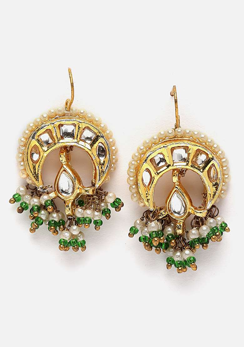 Green And Cream Gold Plated Kundan Pearl Drop Earrings - Indya