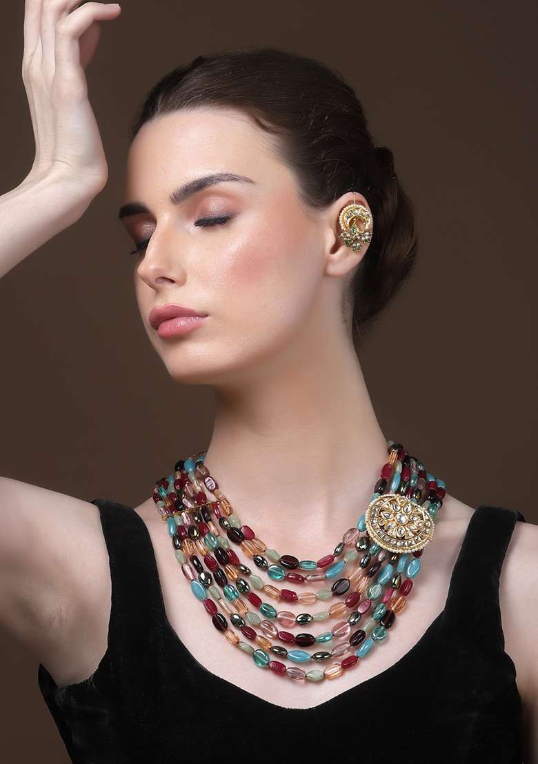 Green And Cream Gold Plated Kundan Pearl Drop Earrings - Indya