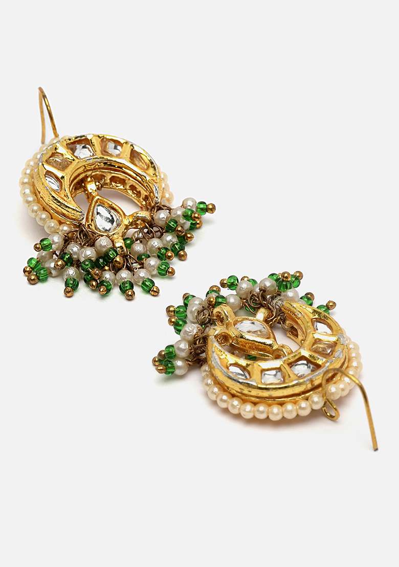 Green And Cream Gold Plated Kundan Pearl Drop Earrings - Indya