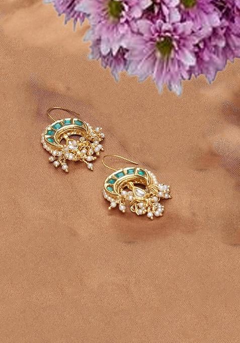 Green And Cream Gold Plated Kundan Pearl Drop Earrings