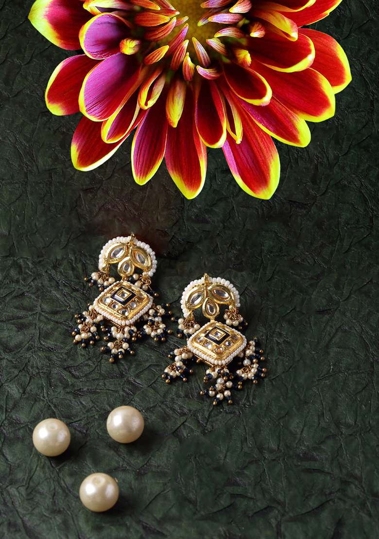 Blue And Cream Gold Plated Kundan Pearl Drop Earrings - Indya