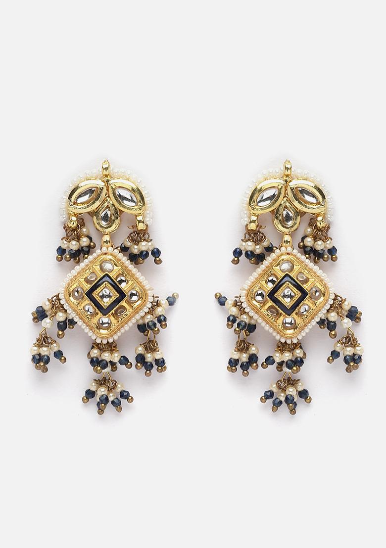 Blue And Cream Gold Plated Kundan Pearl Drop Earrings - Indya