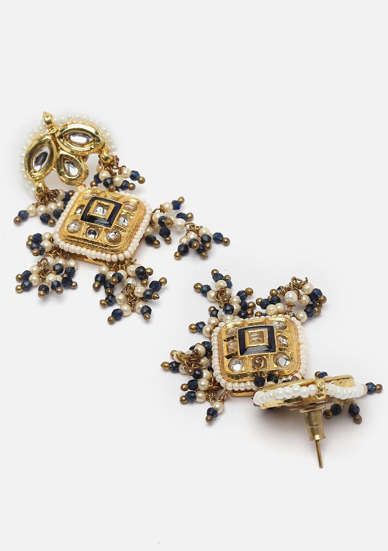Blue And Cream Gold Plated Kundan Pearl Drop Earrings - Indya
