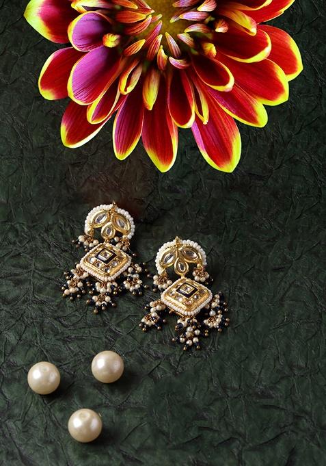 Blue And Cream Gold Plated Kundan Pearl Drop Earrings