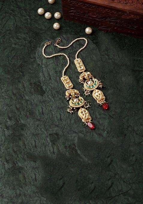 Green Gold Plated Kundan Pearl Drop Earrings