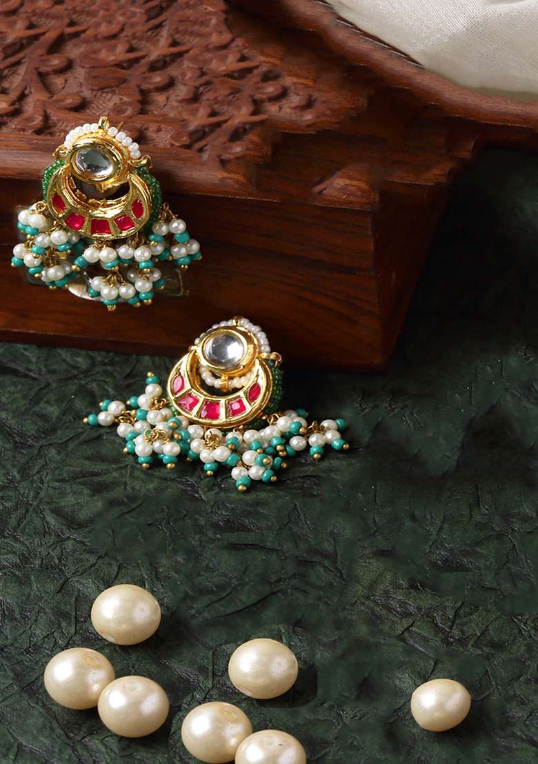 Pink And Green Gold Plated Kundan Pearl Drop Earrings - Indya