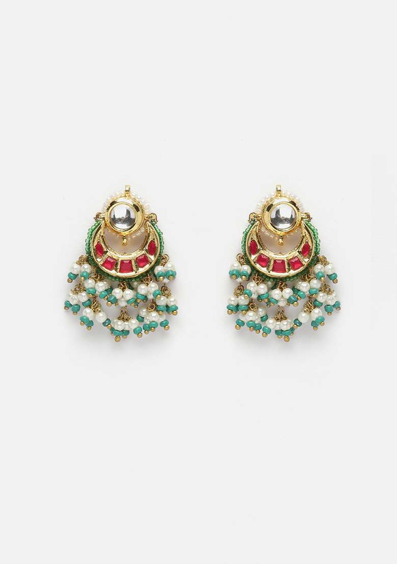 Pink And Green Gold Plated Kundan Pearl Drop Earrings - Indya