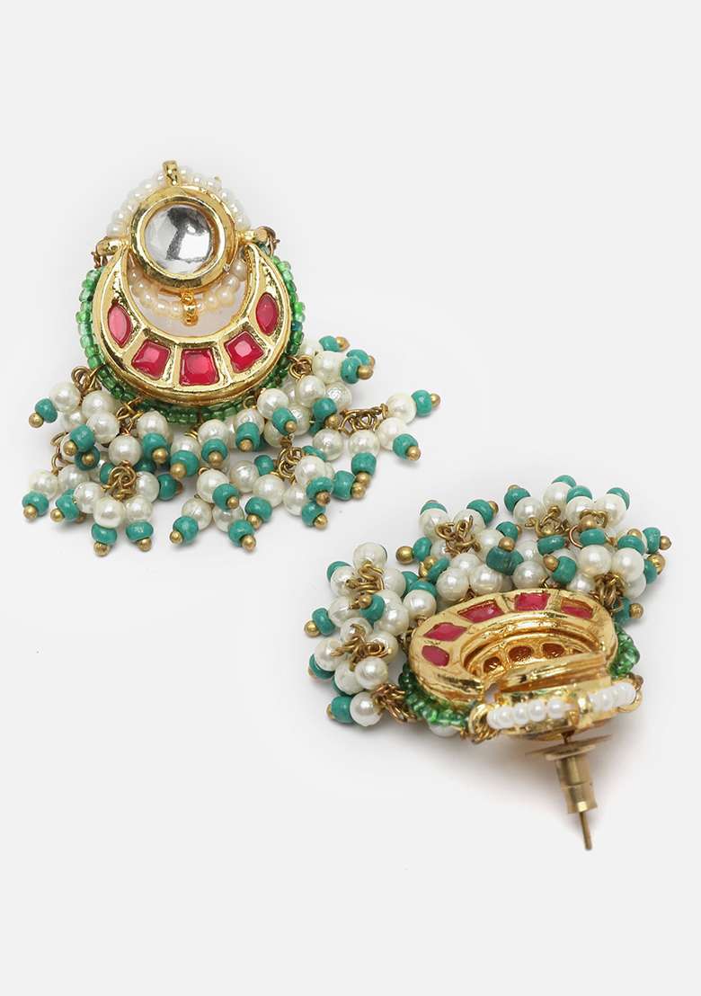 Pink And Green Gold Plated Kundan Pearl Drop Earrings - Indya