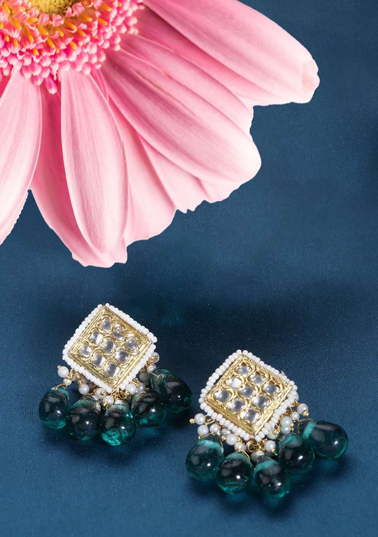 Green And Cream Gold Plated Kundan Pearl Drop Earrings - Indya