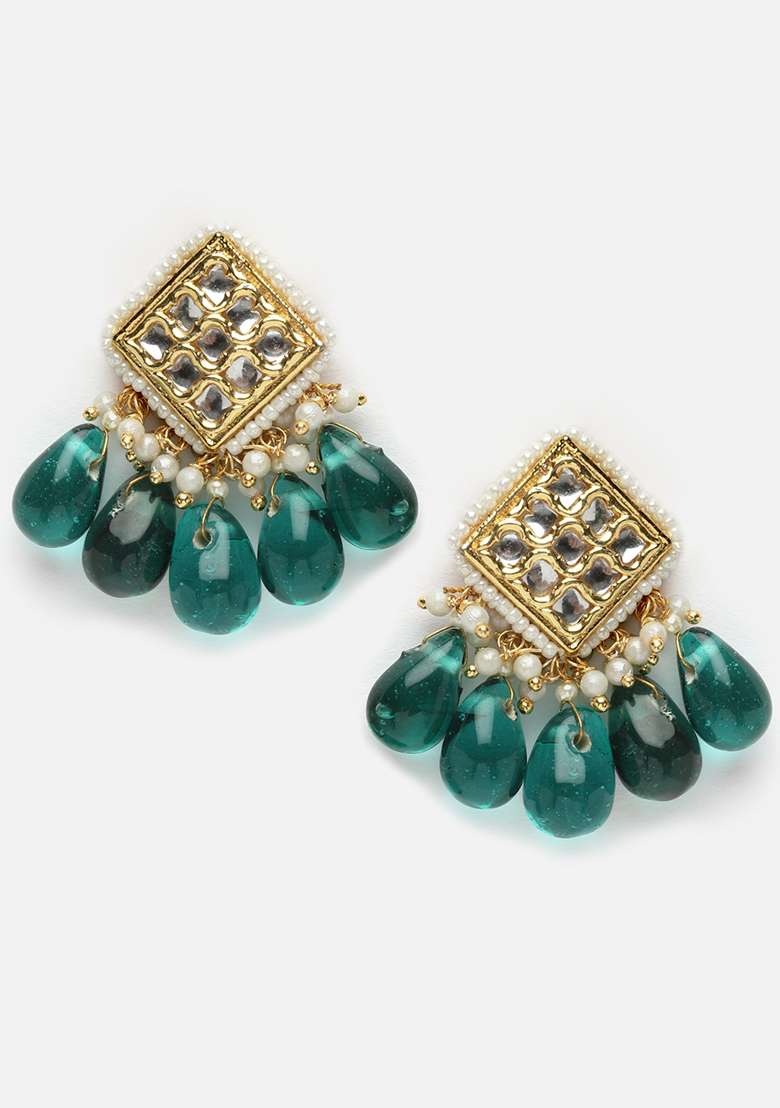 Green And Cream Gold Plated Kundan Pearl Drop Earrings - Indya