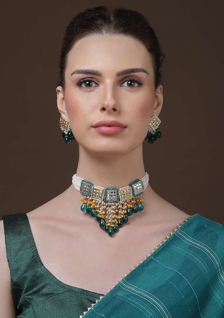 Green And Cream Gold Plated Kundan Pearl Drop Earrings - Indya