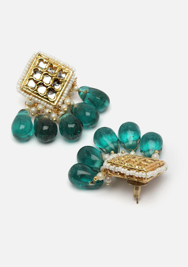 Green And Cream Gold Plated Kundan Pearl Drop Earrings - Indya