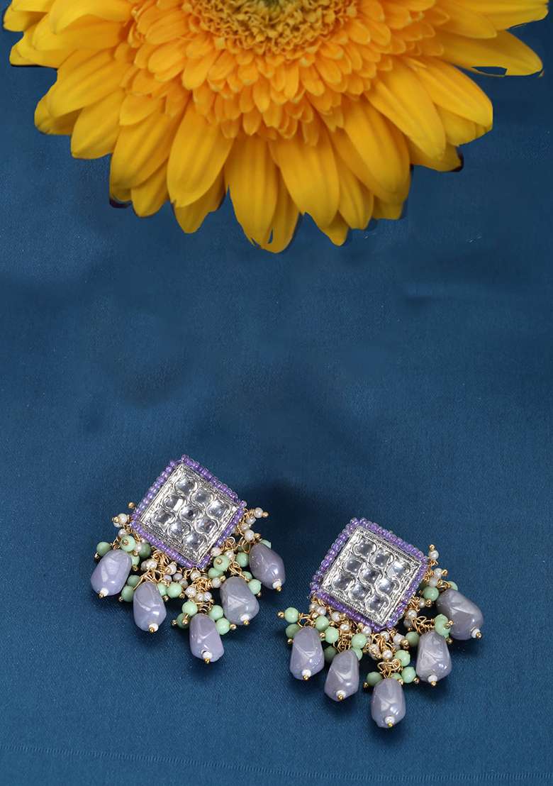 Silver And White Gold Plated Kundan Pearl Drop Earrings - Indya