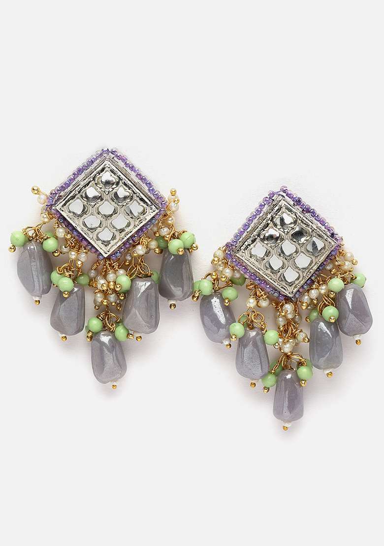 Silver And White Gold Plated Kundan Pearl Drop Earrings - Indya