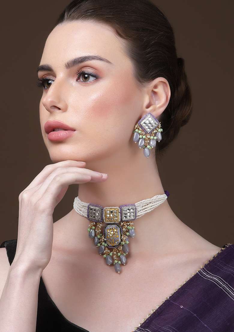 Silver And White Gold Plated Kundan Pearl Drop Earrings - Indya