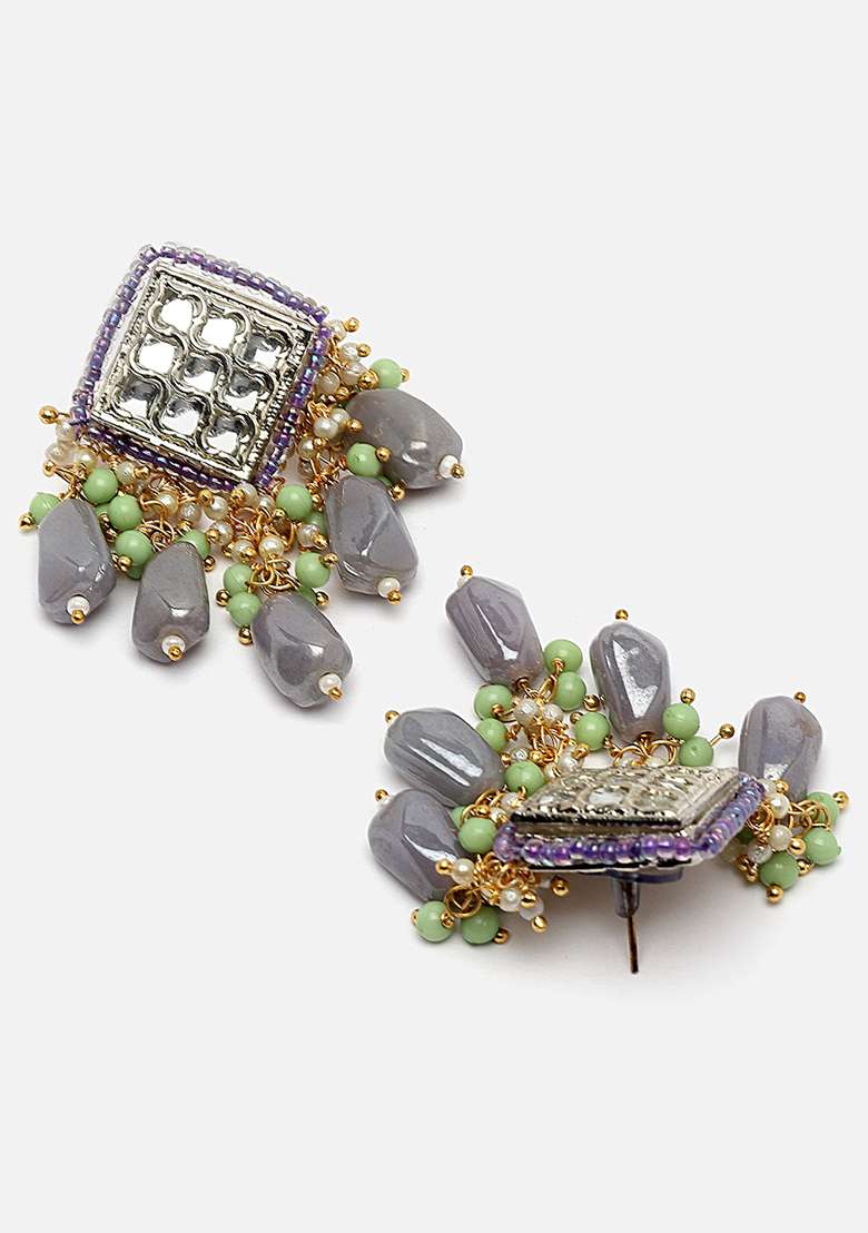 Silver And White Gold Plated Kundan Pearl Drop Earrings - Indya