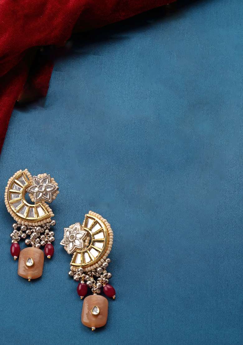Orange And Silver Gold Plated Kundan Pearl Drop Earrings - Indya