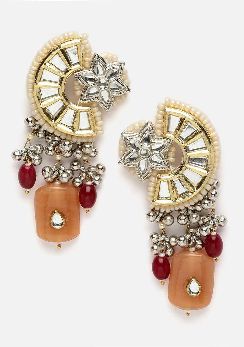 Orange And Silver Gold Plated Kundan Pearl Drop Earrings - Indya