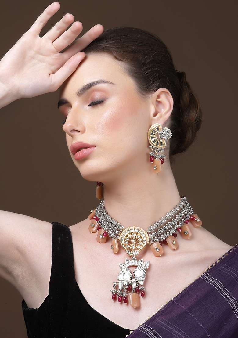 Orange And Silver Gold Plated Kundan Pearl Drop Earrings - Indya