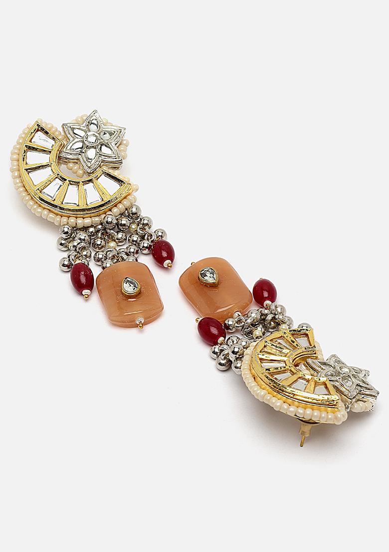 Orange And Silver Gold Plated Kundan Pearl Drop Earrings - Indya