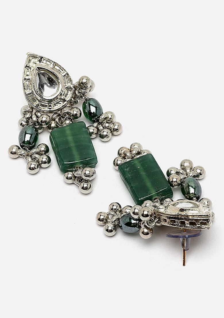 Green And Silver Plated Kundan Pearl Drop Earrings - Indya