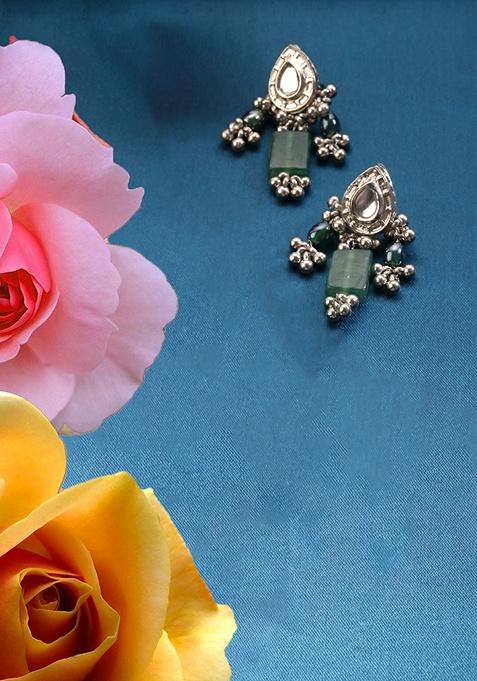 Green And Silver Plated Kundan Pearl Drop Earrings