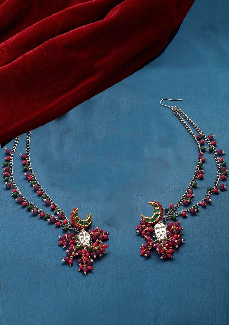 Purple And Pink Gold Plated Kundan Pearl Drop Earrings - Indya