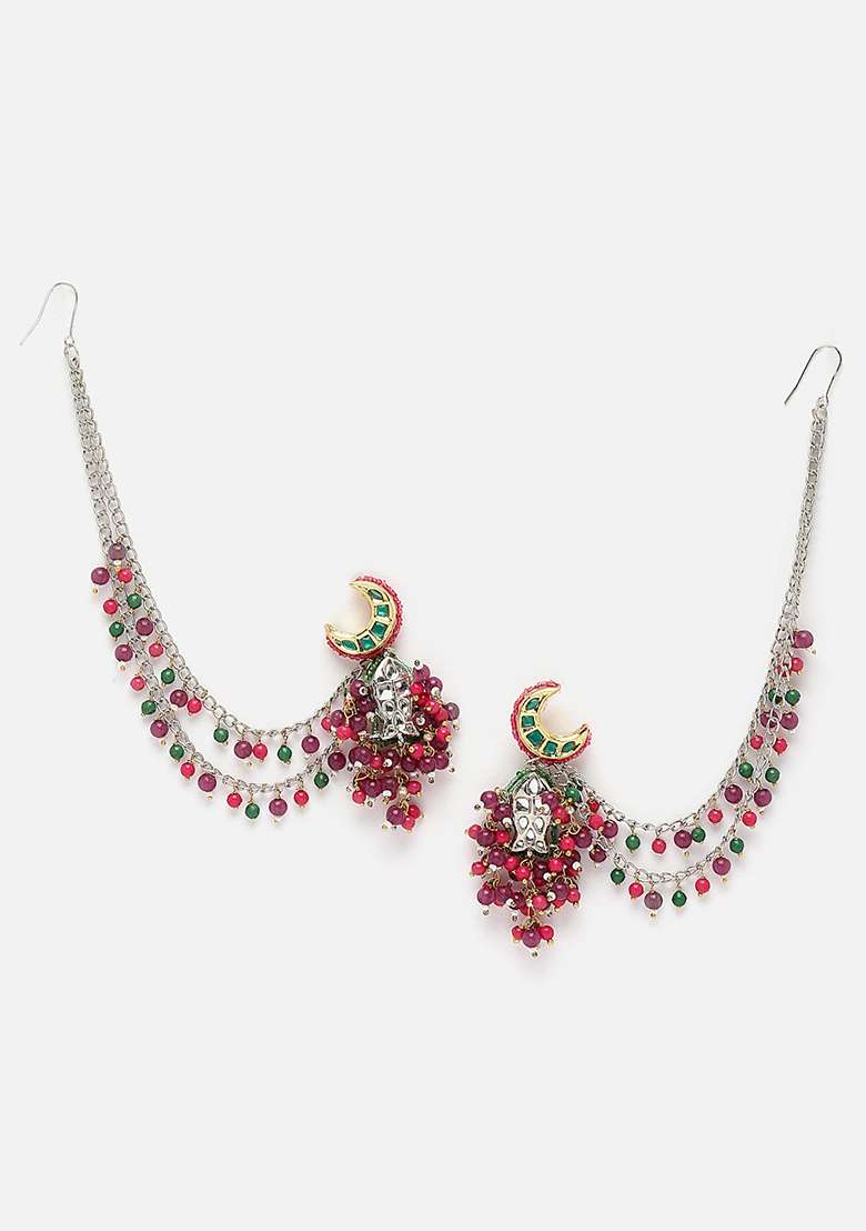 Purple And Pink Gold Plated Kundan Pearl Drop Earrings - Indya