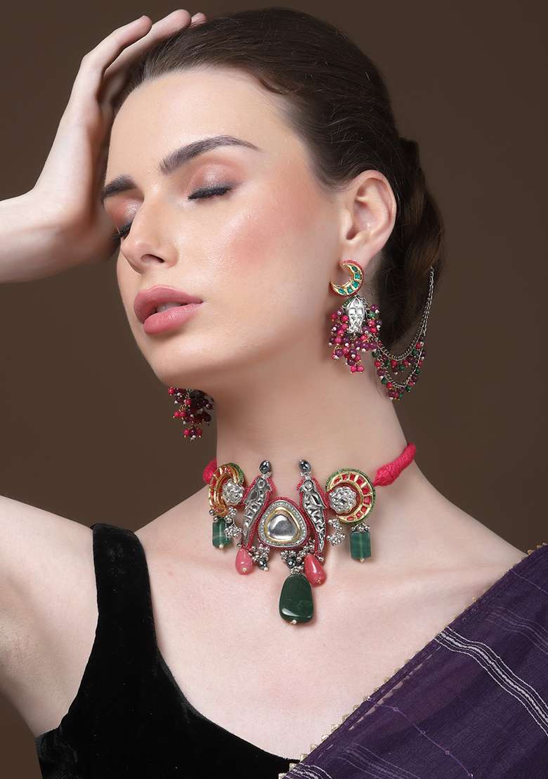Purple And Pink Gold Plated Kundan Pearl Drop Earrings - Indya