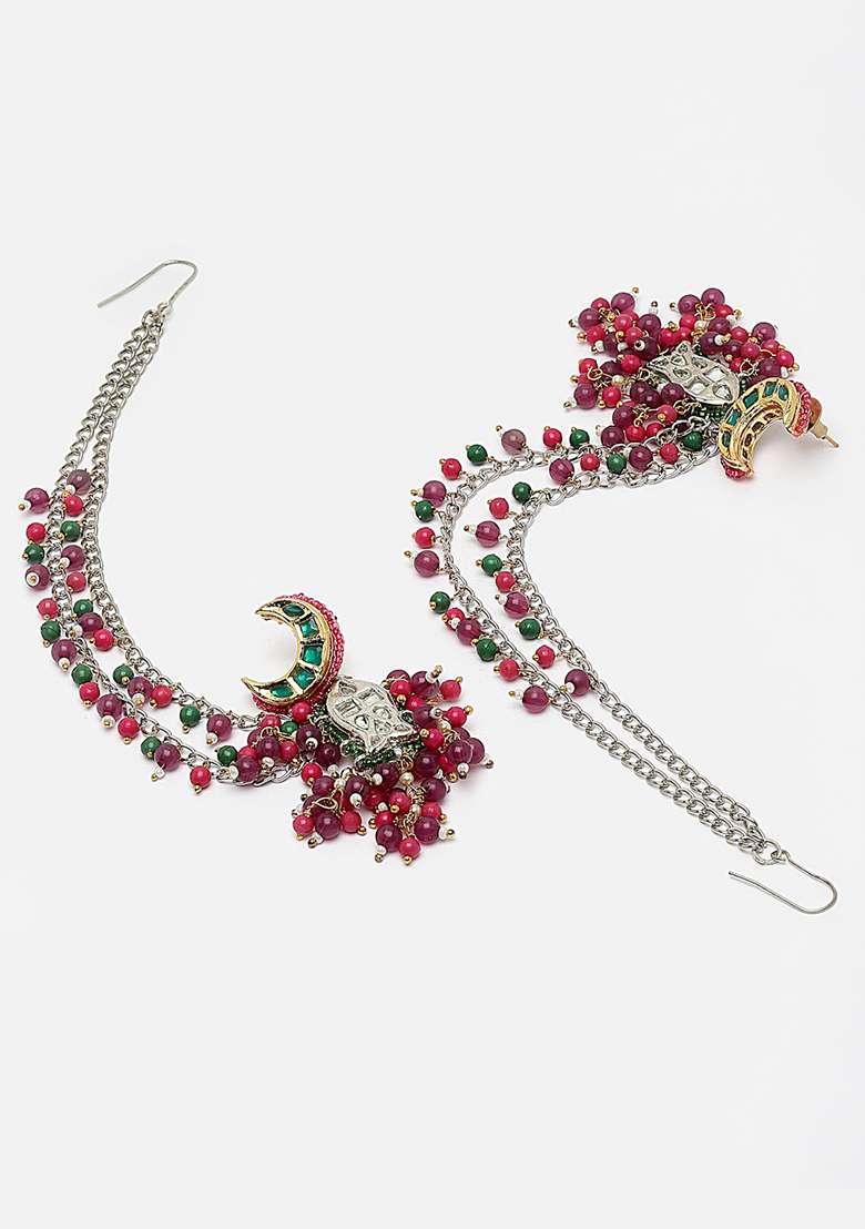 Purple And Pink Gold Plated Kundan Pearl Drop Earrings - Indya