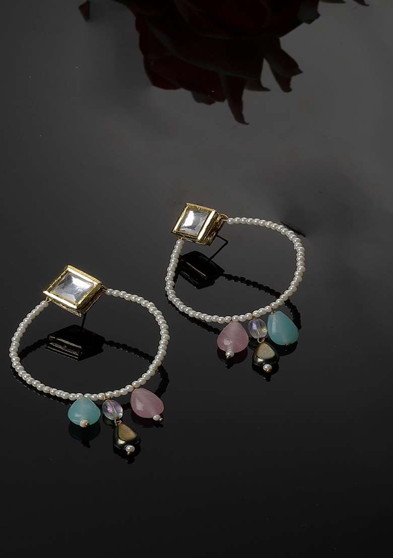 Pink And Blue Gold Plated Kundan Pearl Chandbali Earrings - Indya