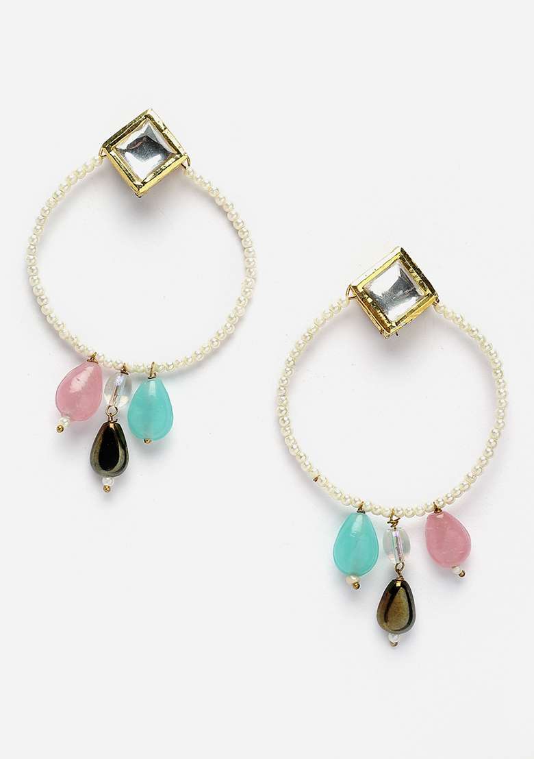 Pink And Blue Gold Plated Kundan Pearl Chandbali Earrings - Indya